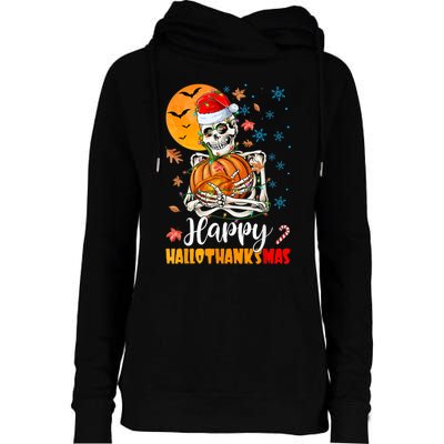 Funny Santa Skeleton Turkey & Pumpkin Happy HalloThanksMas Womens Funnel Neck Pullover Hood