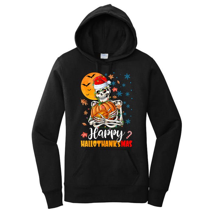 Funny Santa Skeleton Turkey & Pumpkin Happy HalloThanksMas Women's Pullover Hoodie