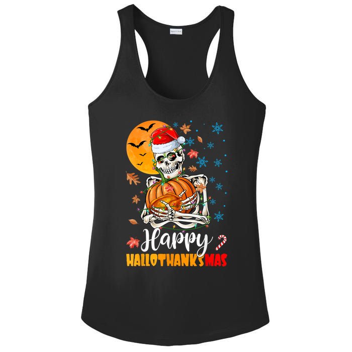 Funny Santa Skeleton Turkey & Pumpkin Happy HalloThanksMas Ladies PosiCharge Competitor Racerback Tank