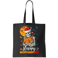 Funny Santa Skeleton Turkey & Pumpkin Happy HalloThanksMas Tote Bag