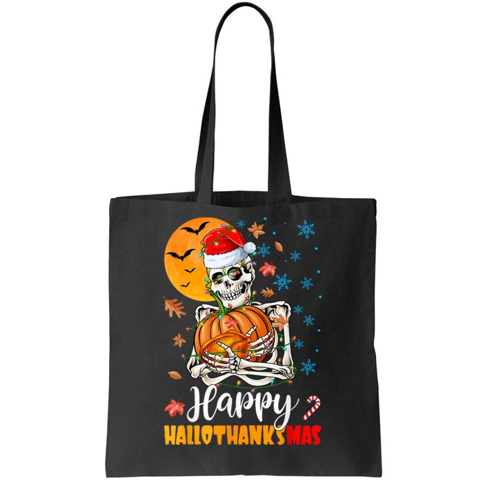 Funny Santa Skeleton Turkey & Pumpkin Happy HalloThanksMas Tote Bag