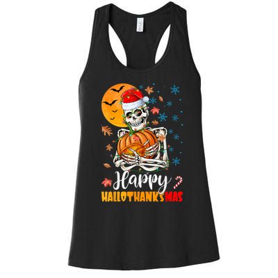 Funny Santa Skeleton Turkey & Pumpkin Happy HalloThanksMas Women's Racerback Tank