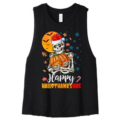 Funny Santa Skeleton Turkey & Pumpkin Happy HalloThanksMas Women's Racerback Cropped Tank