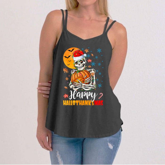 Funny Santa Skeleton Turkey & Pumpkin Happy HalloThanksMas Women's Strappy Tank