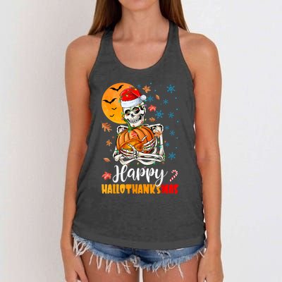 Funny Santa Skeleton Turkey & Pumpkin Happy HalloThanksMas Women's Knotted Racerback Tank