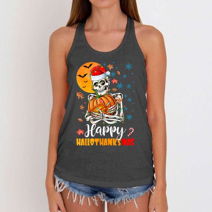 Funny Santa Skeleton Turkey & Pumpkin Happy HalloThanksMas Women's Knotted Racerback Tank