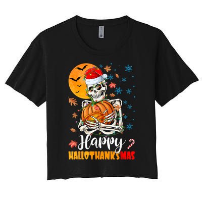 Funny Santa Skeleton Turkey & Pumpkin Happy HalloThanksMas Women's Crop Top Tee