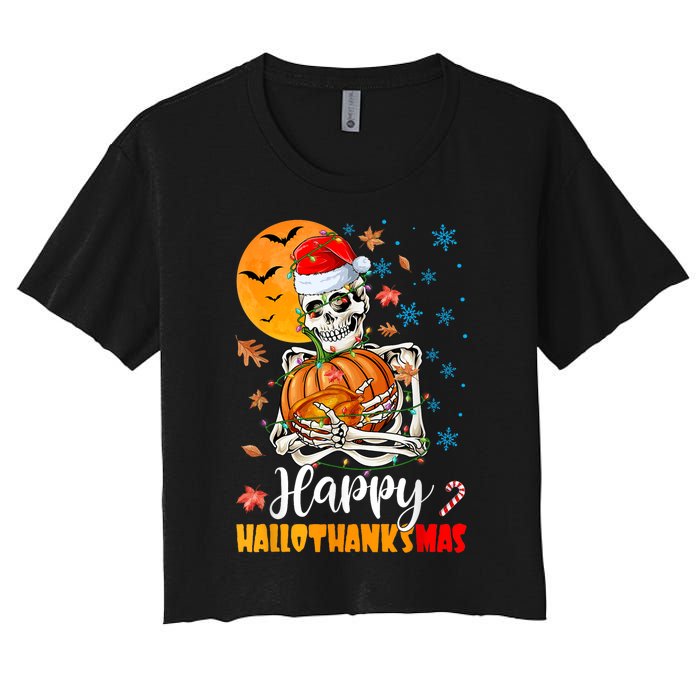 Funny Santa Skeleton Turkey & Pumpkin Happy HalloThanksMas Women's Crop Top Tee