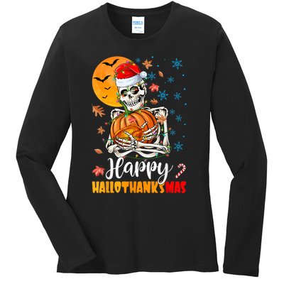 Funny Santa Skeleton Turkey & Pumpkin Happy HalloThanksMas Ladies Long Sleeve Shirt