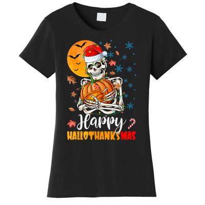 Funny Santa Skeleton Turkey & Pumpkin Happy HalloThanksMas Women's T-Shirt