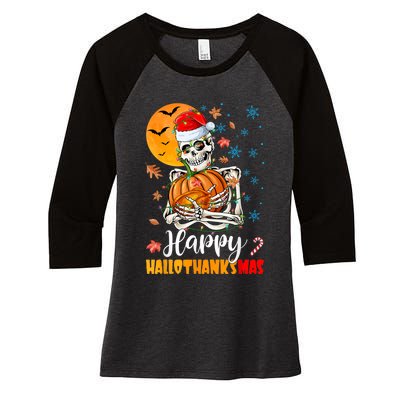 Funny Santa Skeleton Turkey & Pumpkin Happy HalloThanksMas Women's Tri-Blend 3/4-Sleeve Raglan Shirt