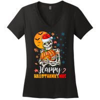 Funny Santa Skeleton Turkey & Pumpkin Happy HalloThanksMas Women's V-Neck T-Shirt