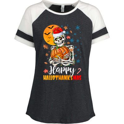 Funny Santa Skeleton Turkey & Pumpkin Happy HalloThanksMas Enza Ladies Jersey Colorblock Tee