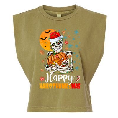 Funny Santa Skeleton Turkey & Pumpkin Happy HalloThanksMas Garment-Dyed Women's Muscle Tee