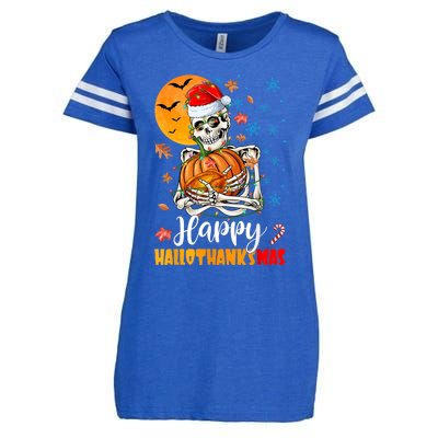 Funny Santa Skeleton Turkey & Pumpkin Happy HalloThanksMas Enza Ladies Jersey Football T-Shirt