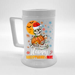 Funny Santa Skeleton Turkey & Pumpkin Happy HalloThanksMas Beer Stein