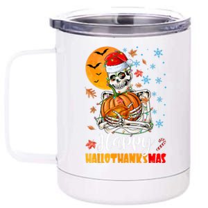 Funny Santa Skeleton Turkey & Pumpkin Happy HalloThanksMas 12 oz Stainless Steel Tumbler Cup