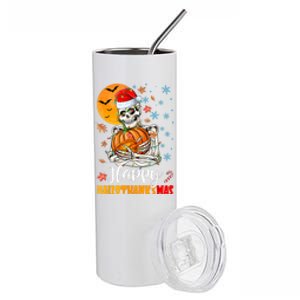 Funny Santa Skeleton Turkey & Pumpkin Happy HalloThanksMas Stainless Steel Tumbler