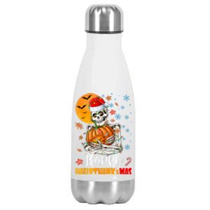 Funny Santa Skeleton Turkey & Pumpkin Happy HalloThanksMas Stainless Steel Insulated Water Bottle