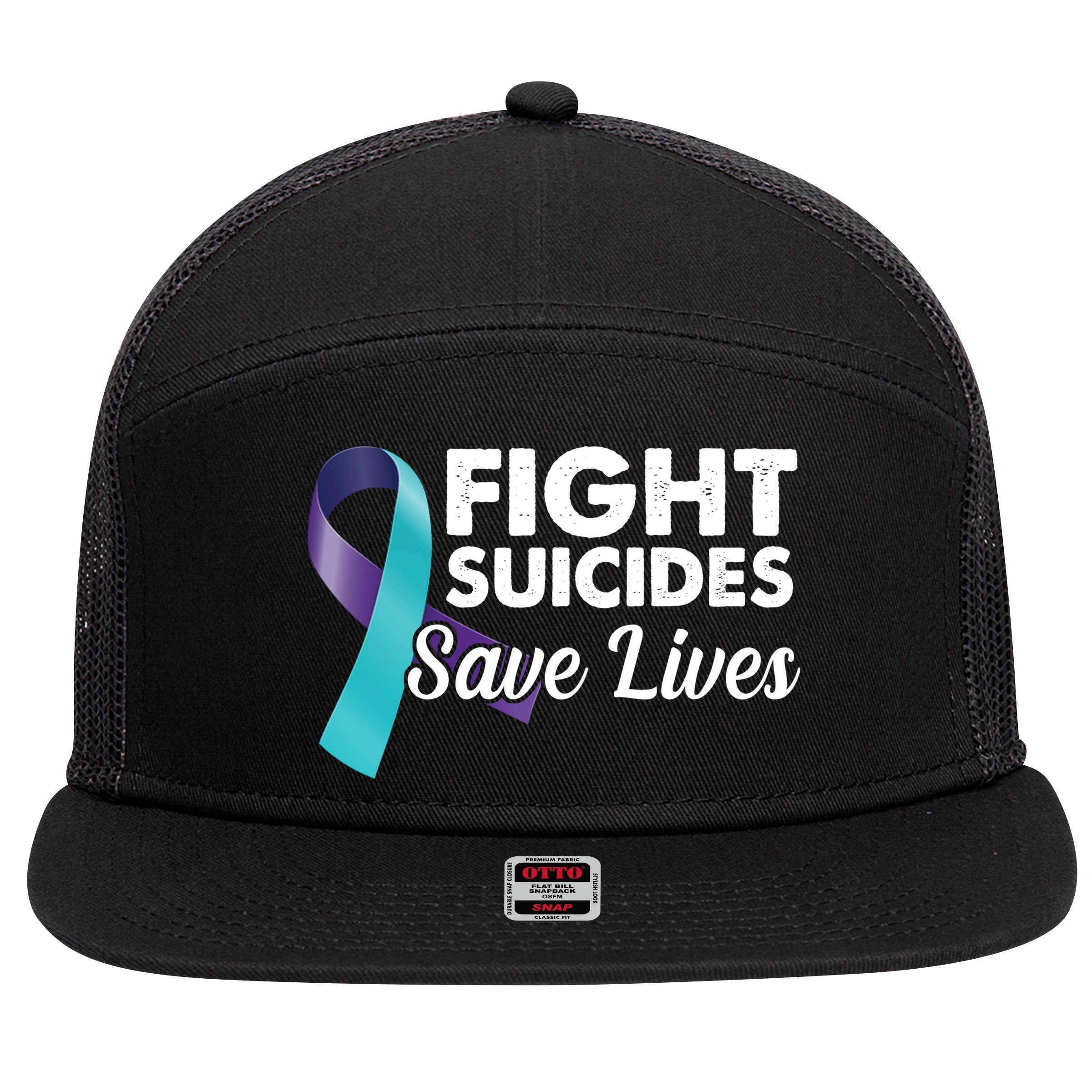 Fight Suicides Save Lives Ribbon Awareness 7 Panel Mesh Trucker Snapback Hat