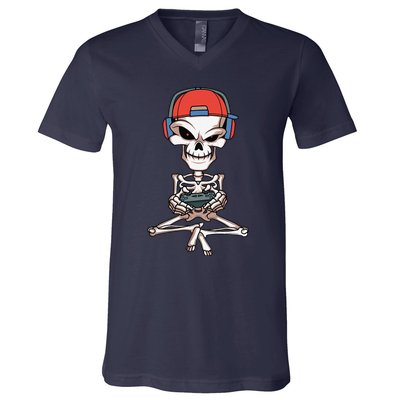 Funny Skeleton Skull Video Gamer Halloween V-Neck T-Shirt