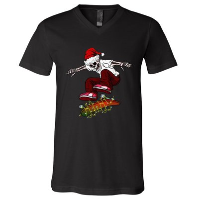 Funny skeleton Skateboard Christmas Pajama santa skateboard V-Neck T-Shirt