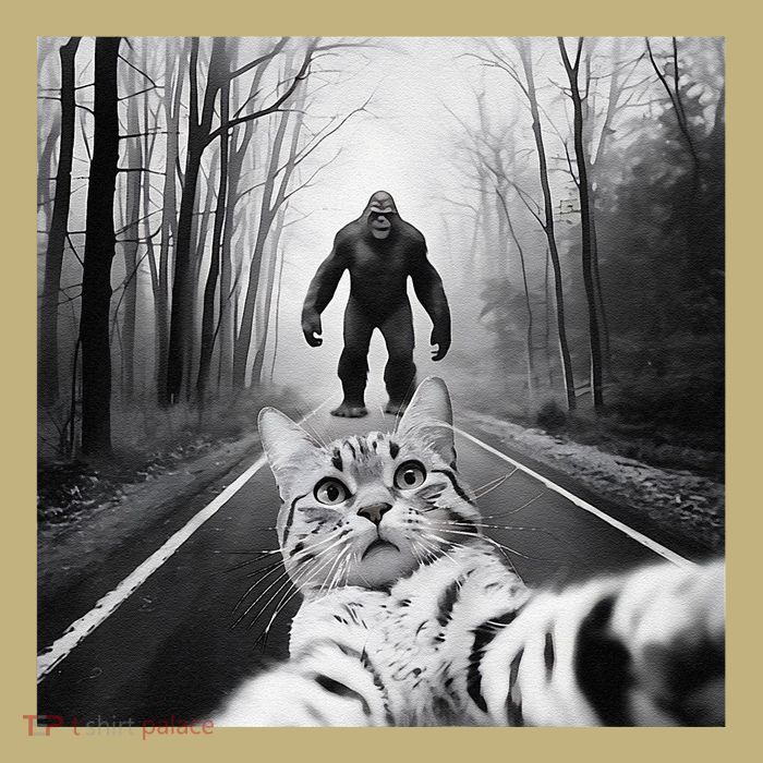 Funny Surprised Scared Cat Selfie With Sasquatsch Bigfoot T-Shirt