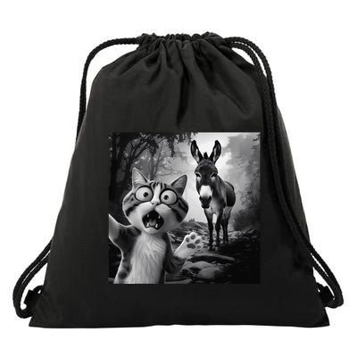 Funny Surprised Scared Cat Selfie With Scowling Donkey Drawstring Bag