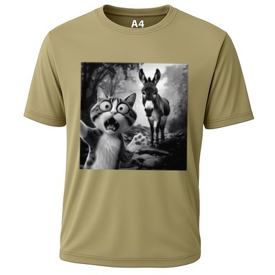 Funny Surprised Scared Cat Selfie With Scowling Donkey Cooling Performance Crew T-Shirt