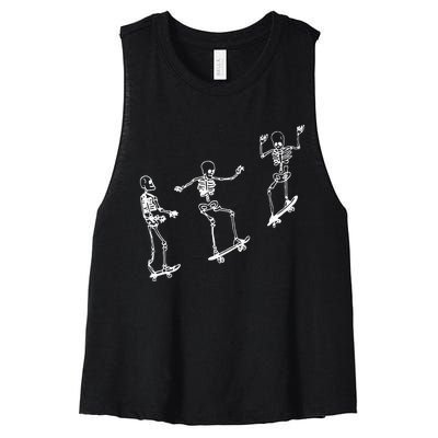 Funny Skeleton Skateboard Halloween Skateboarding Skeleton Women's Racerback Cropped Tank