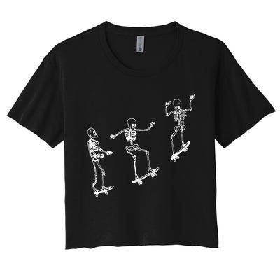 Funny Skeleton Skateboard Halloween Skateboarding Skeleton Women's Crop Top Tee