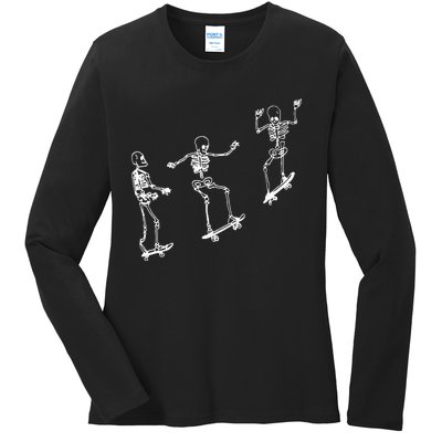 Funny Skeleton Skateboard Halloween Skateboarding Skeleton Ladies Long Sleeve Shirt