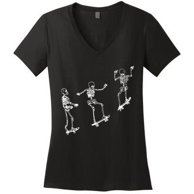 Funny Skeleton Skateboard Halloween Skateboarding Skeleton Women's V-Neck T-Shirt