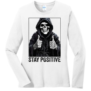 Funny Skull Stay Positive Skeleton Halloween Motivational Ladies Long Sleeve Shirt