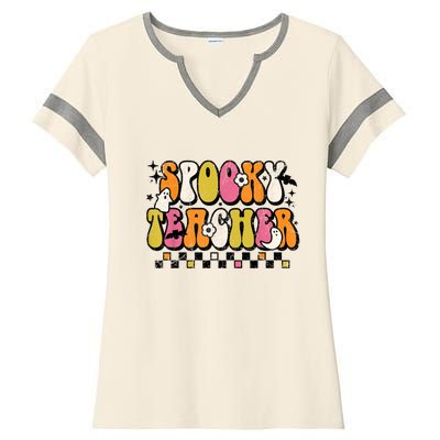 Funny Spooky Season Retro Spooky Teacher Halloween Costume Ladies Halftime Notch Neck Tee