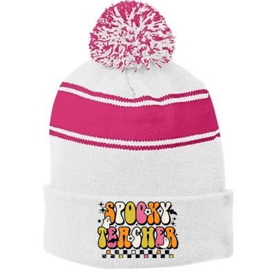 Funny Spooky Season Retro Spooky Teacher Halloween Costume Stripe Pom Pom Beanie