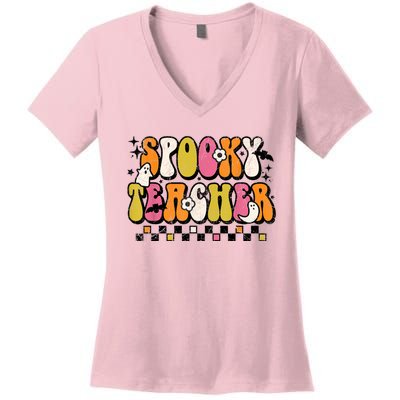 Funny Spooky Season Retro Spooky Teacher Halloween Costume Women's V-Neck T-Shirt