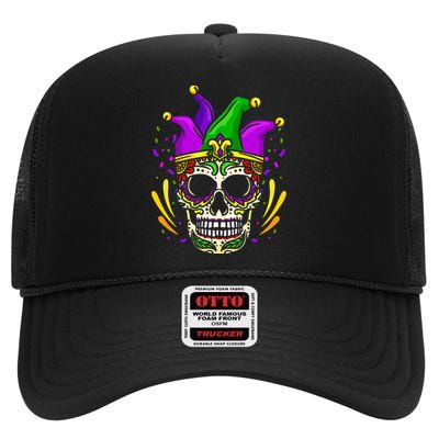 Funny Sugar Skull Mardi Gras Party High Crown Mesh Back Trucker Hat