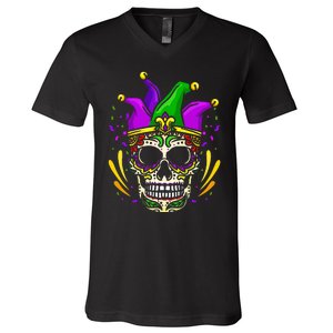 Funny Sugar Skull Mardi Gras Party V-Neck T-Shirt