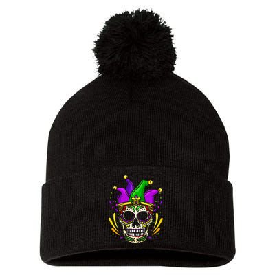 Funny Sugar Skull Mardi Gras Party Pom Pom 12in Knit Beanie