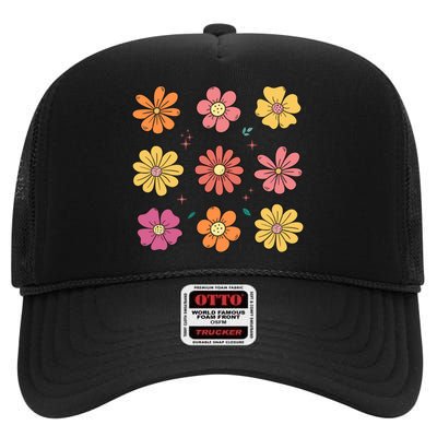 Flowers Spring Summer Floral Groovy High Crown Mesh Back Trucker Hat