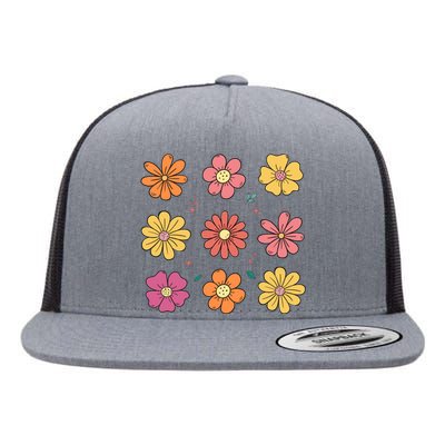 Flowers Spring Summer Floral Groovy Flat Bill Trucker Hat