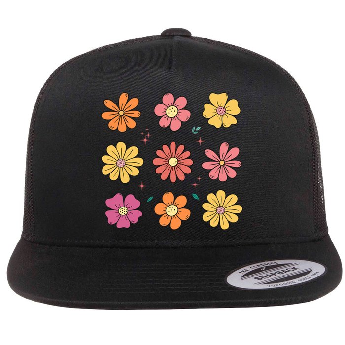 Flowers Spring Summer Floral Groovy Flat Bill Trucker Hat