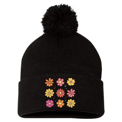 Flowers Spring Summer Floral Groovy Pom Pom 12in Knit Beanie