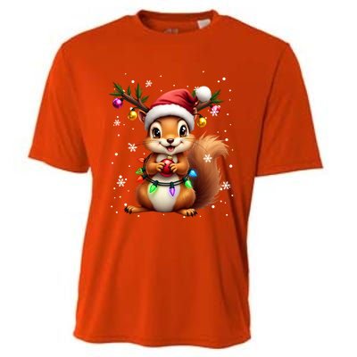 Festive Squirrel Spreading Holiday Cheer With Lights Gift Cooling Performance Crew T-Shirt