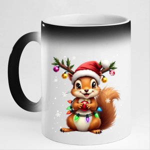 Festive Squirrel Spreading Holiday Cheer With Lights Gift 11oz Black Color Changing Mug