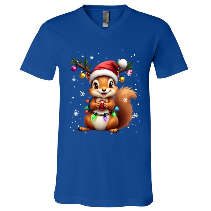 Festive Squirrel Spreading Holiday Cheer With Lights Gift V-Neck T-Shirt