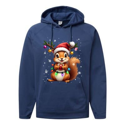 Festive Squirrel Spreading Holiday Cheer With Lights Gift Performance Fleece Hoodie