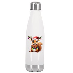 Festive Squirrel Spreading Holiday Cheer With Lights Gift Stainless Steel Insulated Water Bottle