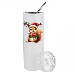 Festive Squirrel Spreading Holiday Cheer With Lights Gift Stainless Steel Tumbler